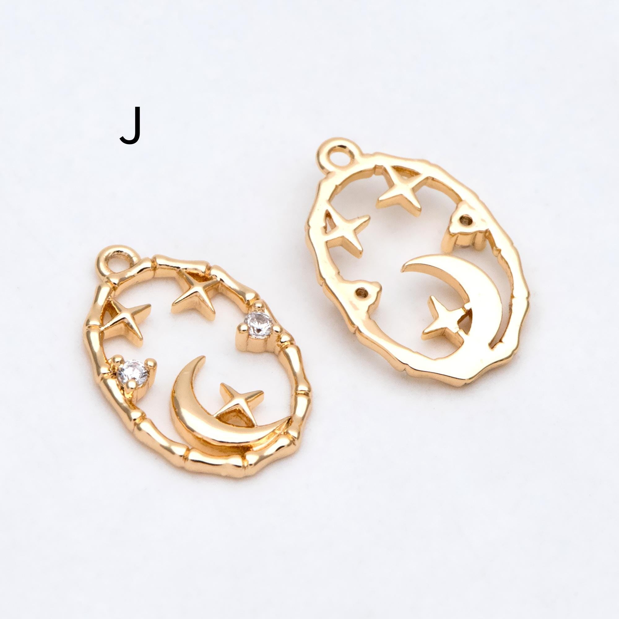 4pcs CZ pave Gold/ Silver Moon Star Charms, 18K Gold/ Rhodium plated Brass Moon Pendants (GB-2433)