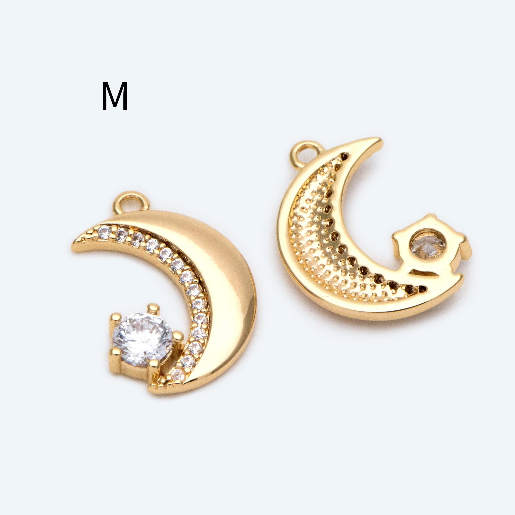 4pcs CZ pave Gold/ Silver Moon Star Charms, 18K Gold/ Rhodium plated Brass Moon Pendants (GB-2433)