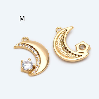 4pcs CZ pave Gold/ Silver Moon Star Charms, 18K Gold/ Rhodium plated Brass Moon Pendants (GB-2433)