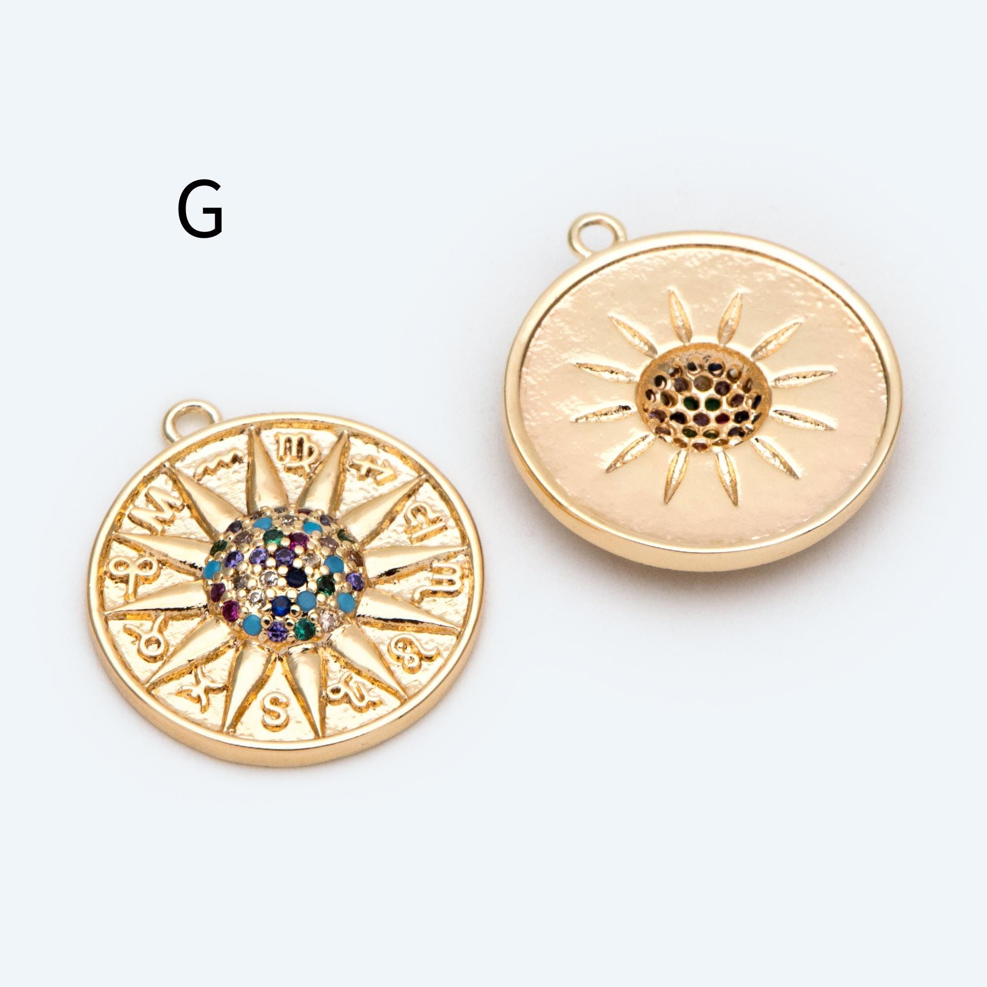 4pcs Gold Round Sun Charms , 18K Gold plated Brass, Disk Sun Pendants (GB-1232)