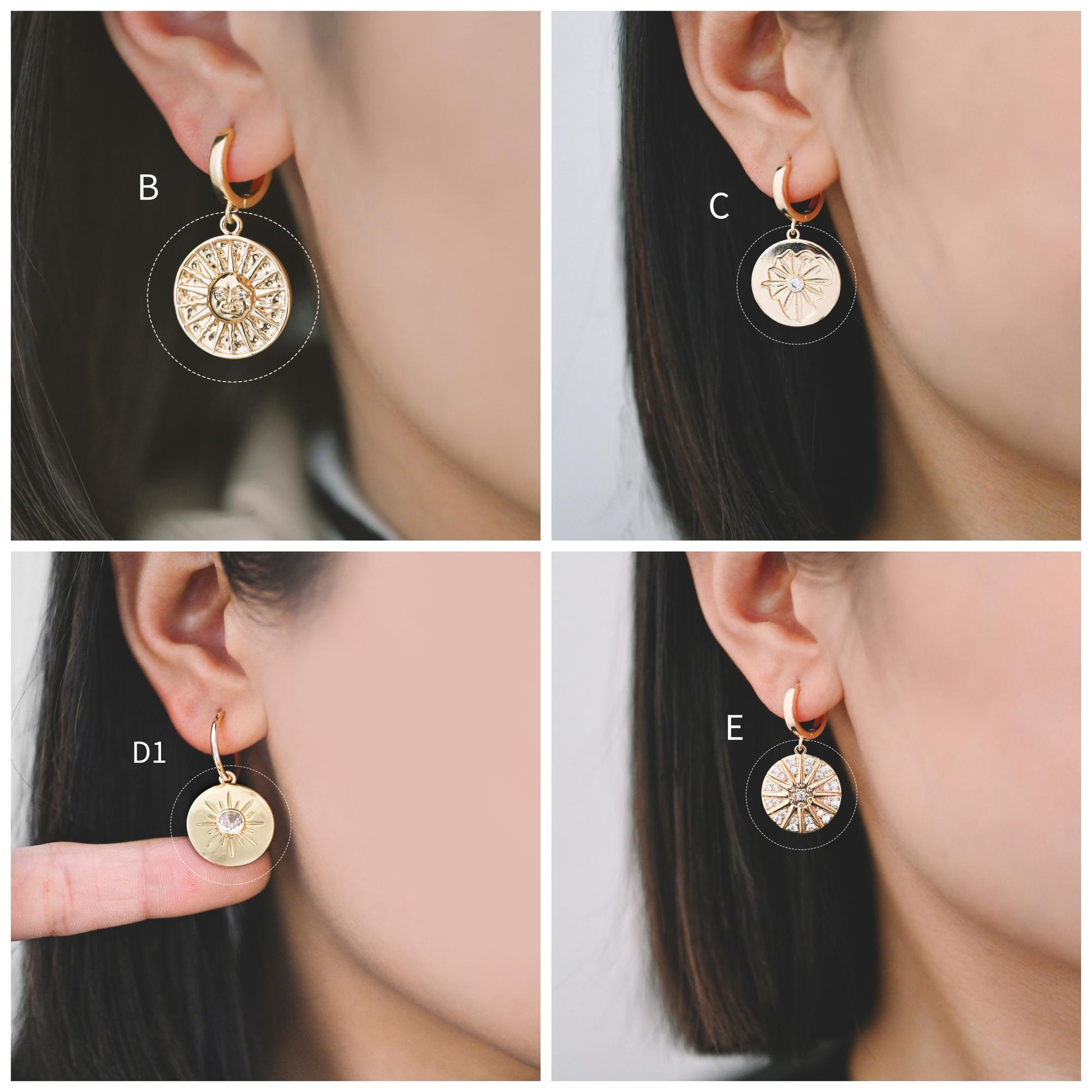 4pcs Gold Round Sun Charms , 18K Gold plated Brass, Disk Sun Pendants (GB-1232)