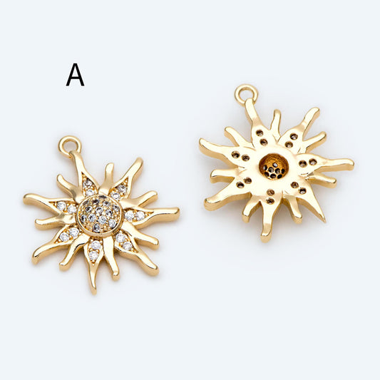 4pcs CZ Pave Gold/ Silver Sun Charms, 18K Gold/ Rhodium plated Brass, Sun Pendants (GB-2259)