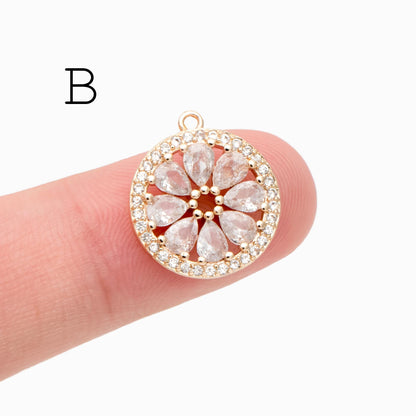 4pcs CZ Pave Flower Charms, 18K Real Gold/ Rhodium plated Brass, Flower Earring Pendants (GB-3579)