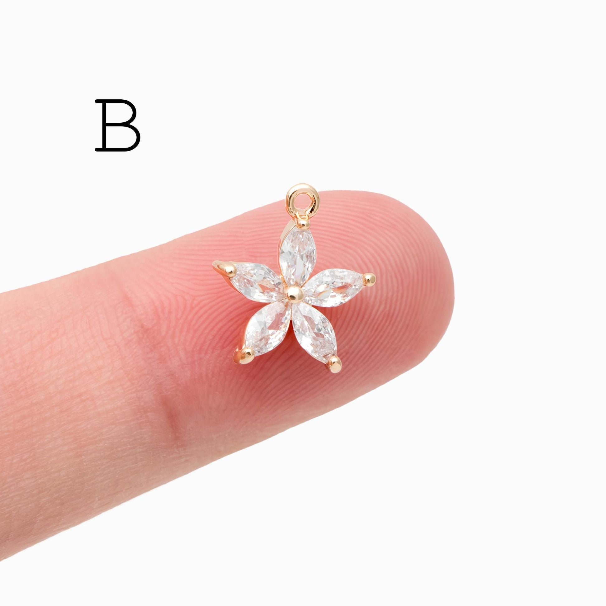 4pcs Gold/ Silver CZ Flower Charms , Real Gold/ Rhodium plated Brass, Cubic Zirconia Flower Pendants (GB-584)