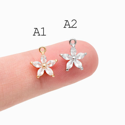 4pcs Gold/ Silver CZ Flower Charms , Real Gold/ Rhodium plated Brass, Cubic Zirconia Flower Pendants (GB-584)