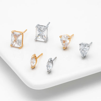 10pcs CZ Pave Daity Earring Studs, 18K Gold/ Rhodium plated Brass Ear Posts, Geometric Earring Findings (#GB-2618)