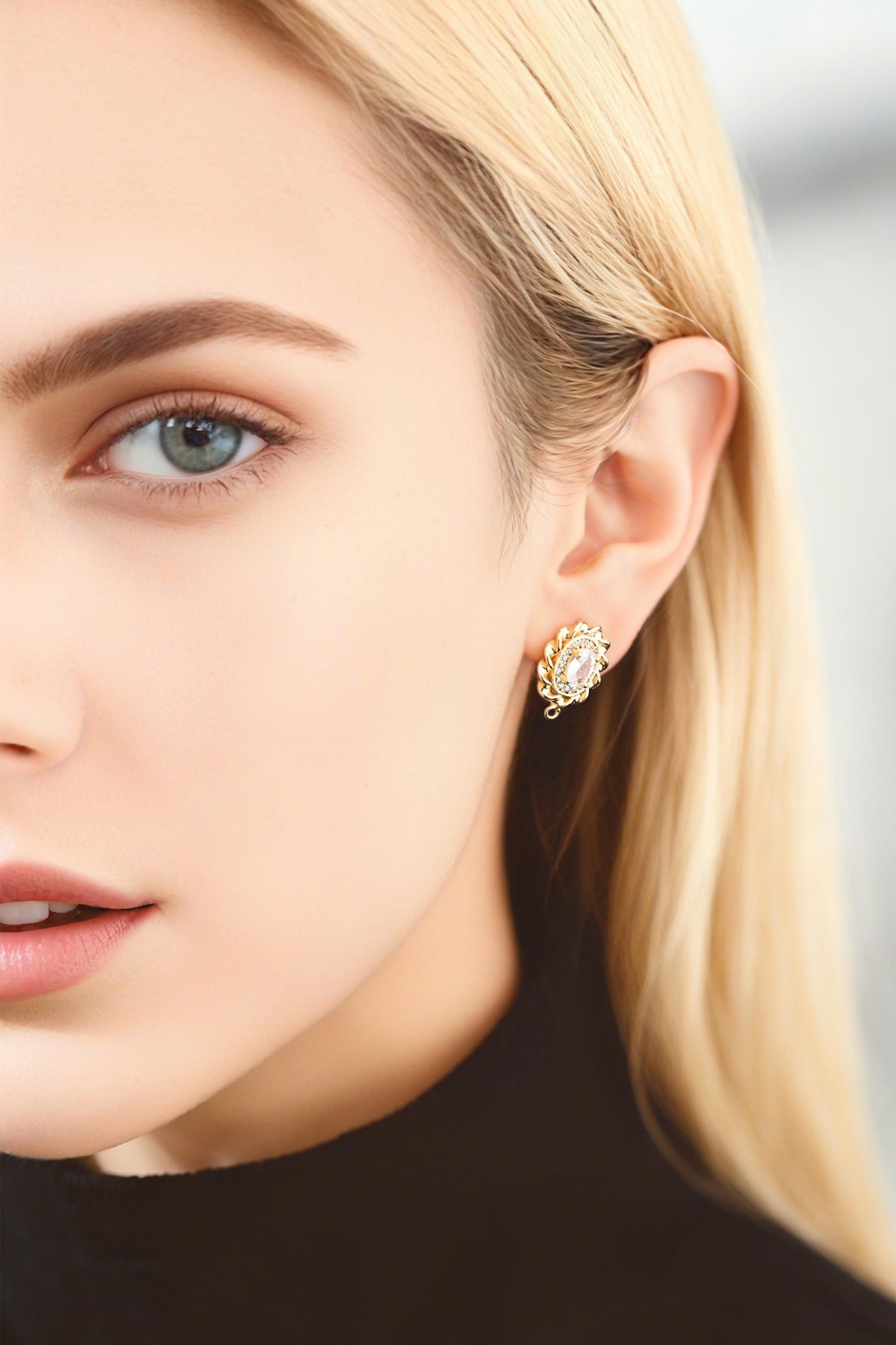 4pcs CZ Pave Gold Oval Ear Posts: Dainty Stud Earring Findings (GB-3650)