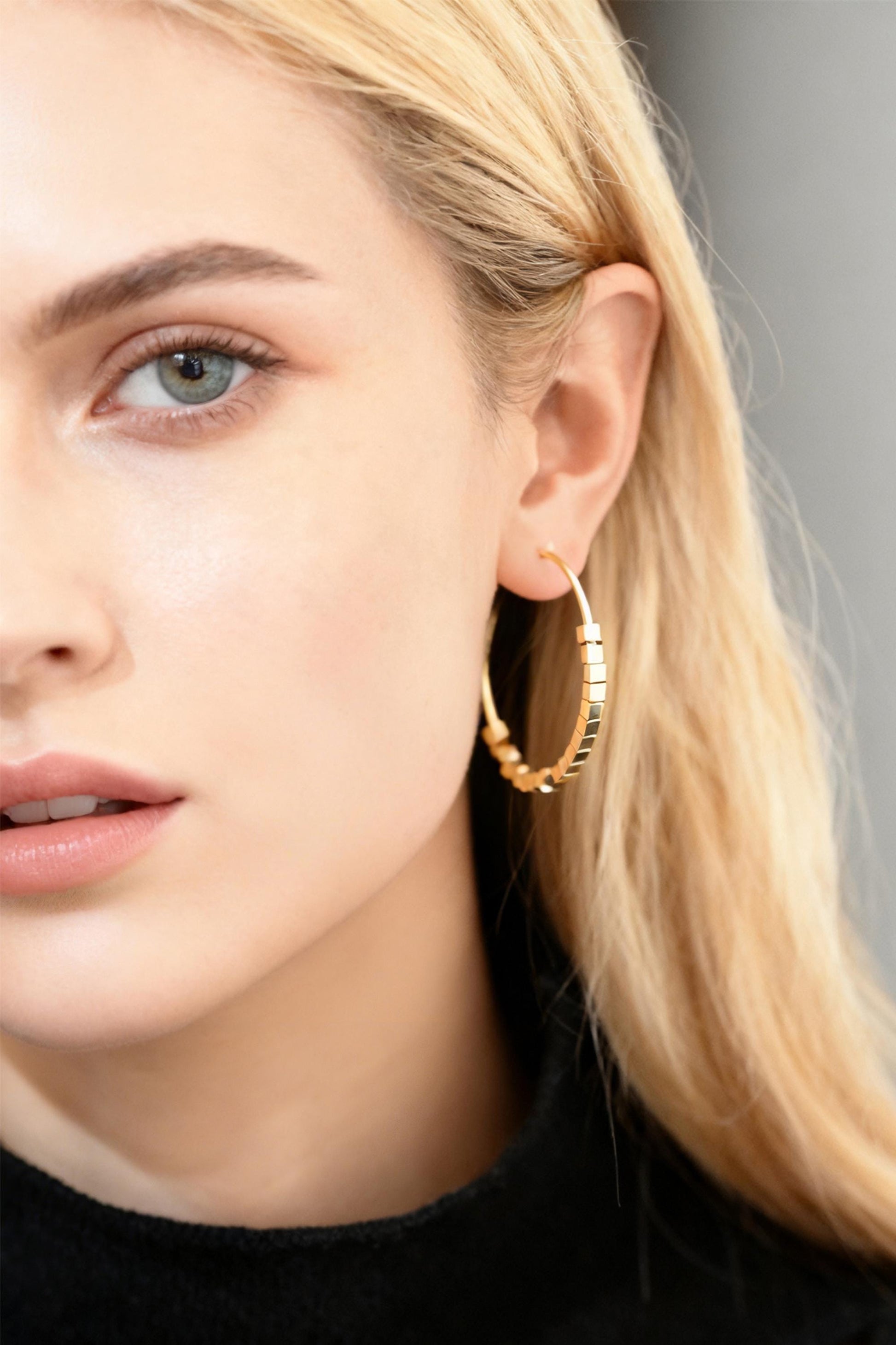 4pcs Gold Cube Beaded Hoop Earrings 40mm, 18K Gold plated Brass, Geometric Hoop Earrings (GB-3785)