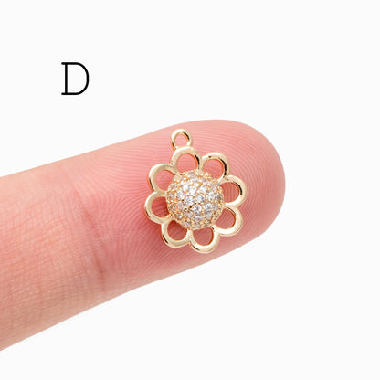 4pcs CZ Pave Gold/ Silver tone Flower Charm Pendants , Real Gold/ Rhodium plated Brass Earring charms, Color Not Easily Tarnish (GB-321)