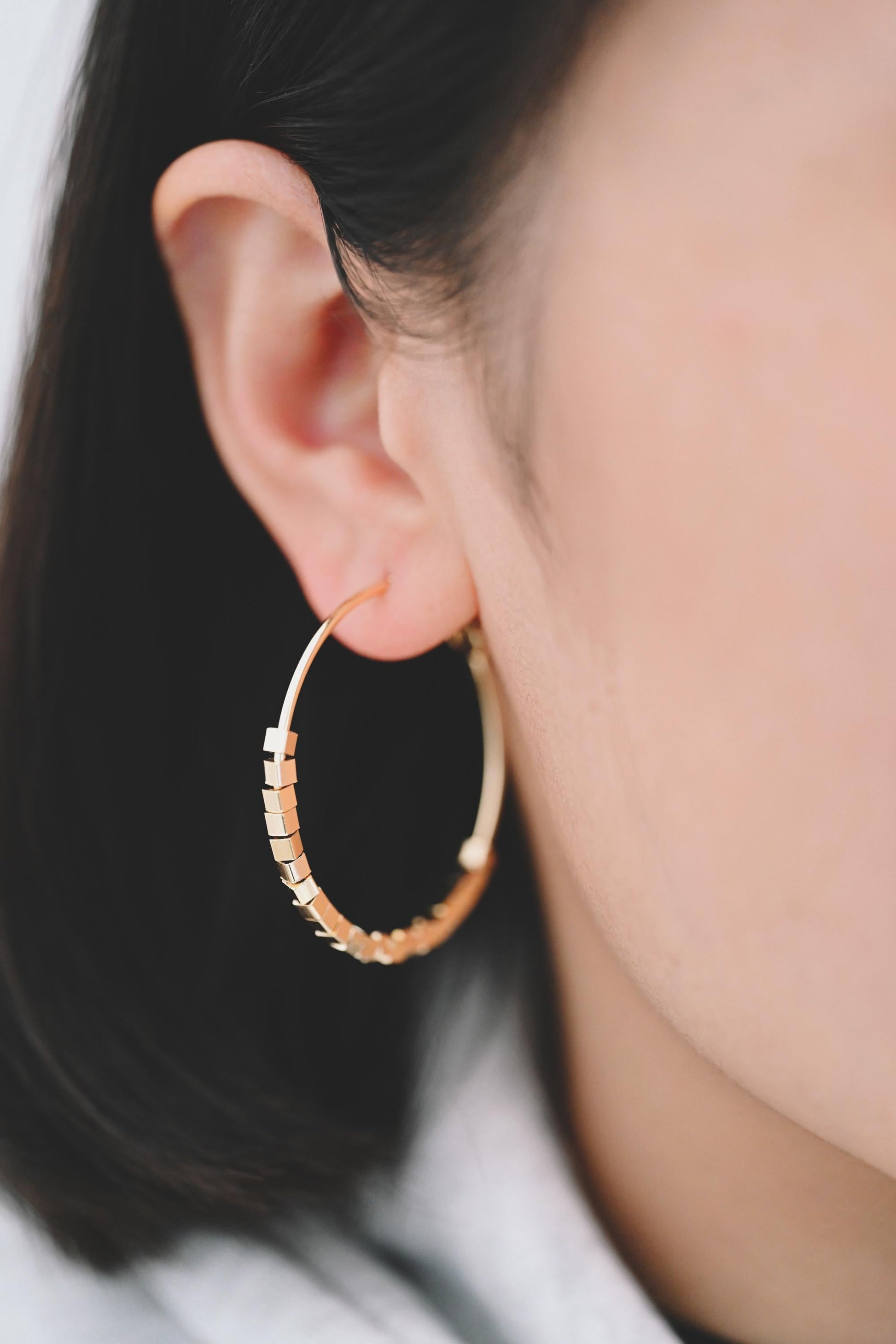 4pcs Gold Cube Beaded Hoop Earrings 40mm, 18K Gold plated Brass, Geometric Hoop Earrings (GB-3785)