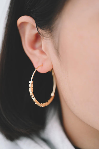 4pcs Gold Cube Beaded Hoop Earrings 40mm, 18K Gold plated Brass, Geometric Hoop Earrings (GB-3785)