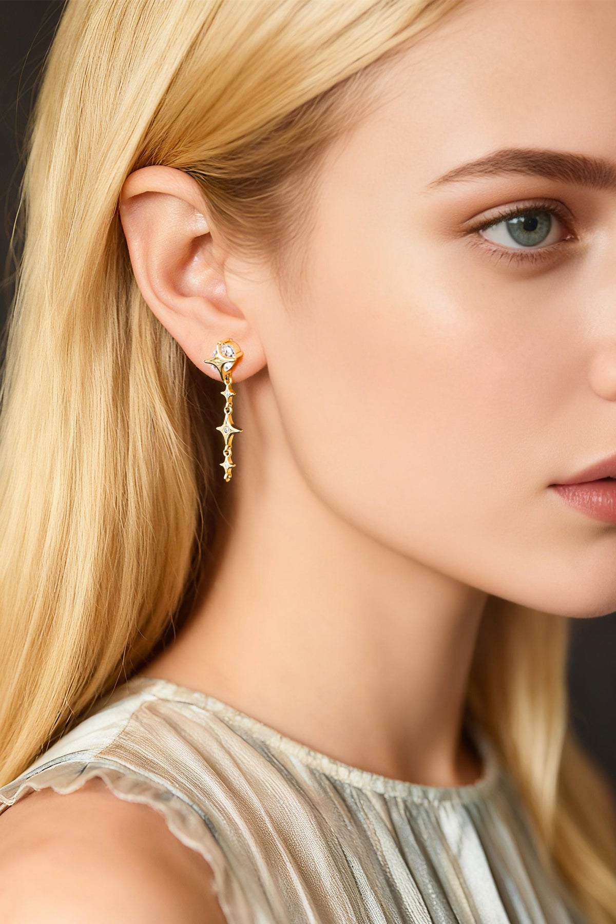 4pcs CZ Pave Gold Cross Star Dangle Earrings with Loop, Gold Plated Brass, Dainty Star Stud Earrings (GB-311-K)