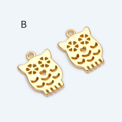 10pcs Gold Owl Charms , Real Gold plated Brass, Cute Owl Pendants (GB-176)