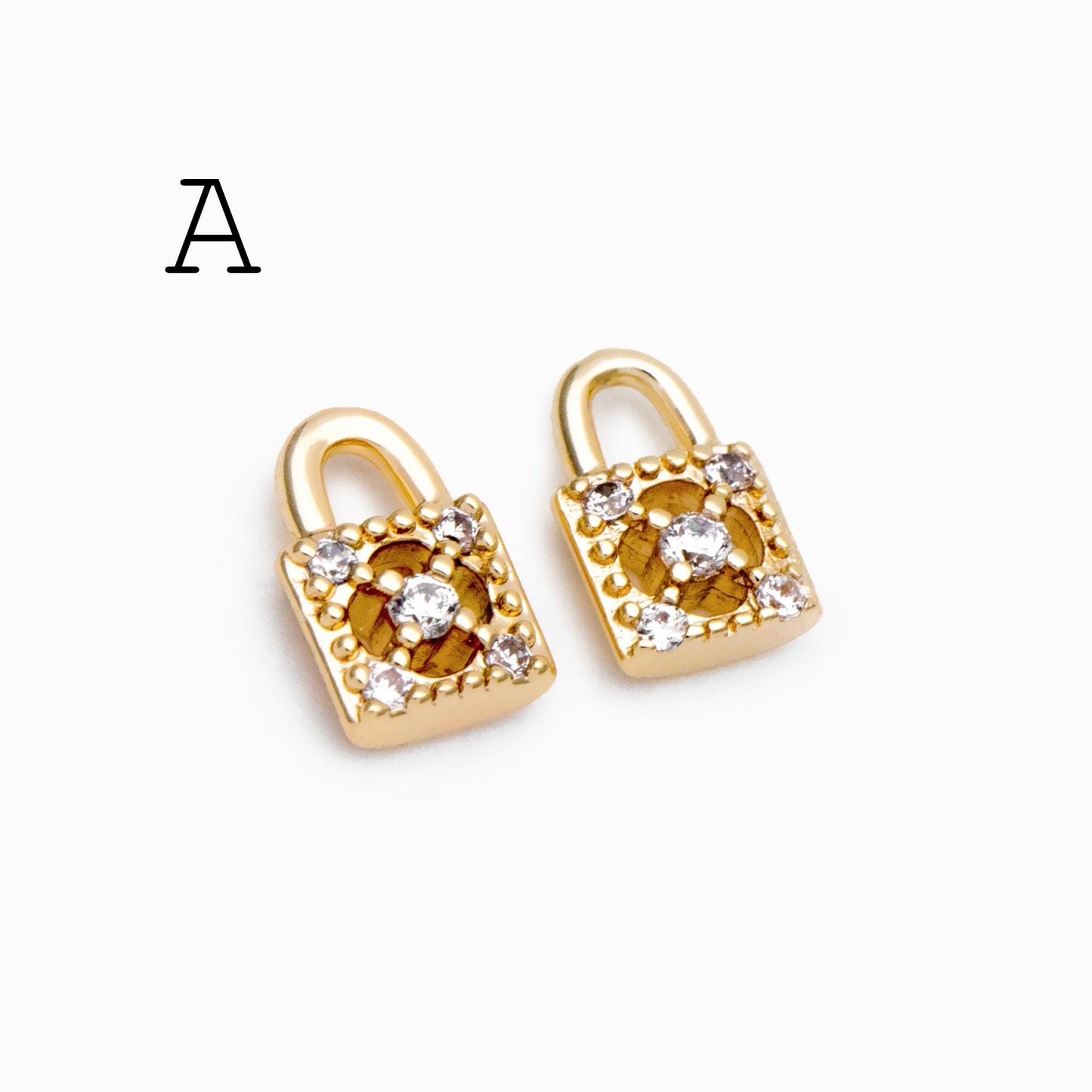 4pcs CZ Pave Gold/ Silver Tone Lock Charms, Real Gold/ Rhodium plated Brass, Mini Lock Pendants (GB-751)