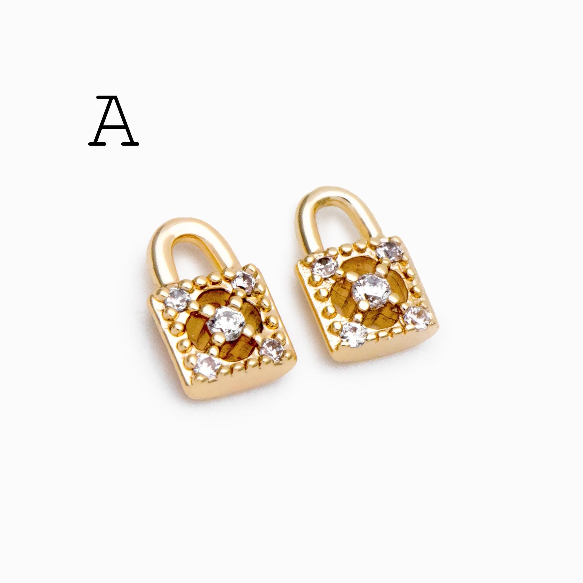 4pcs CZ Pave Gold/ Silver Tone Lock Charms, Real Gold/ Rhodium plated Brass, Mini Lock Pendants (GB-751)