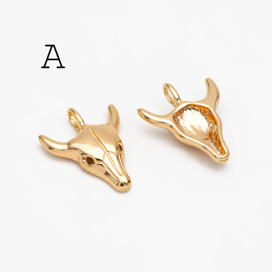 4pcs Gold/ Silver Tone OX Head Skull Charm, Ox Horn Charm, Real Gold/ Rhodium plated Brass, Buffalo Head Pendant (GB-3616)