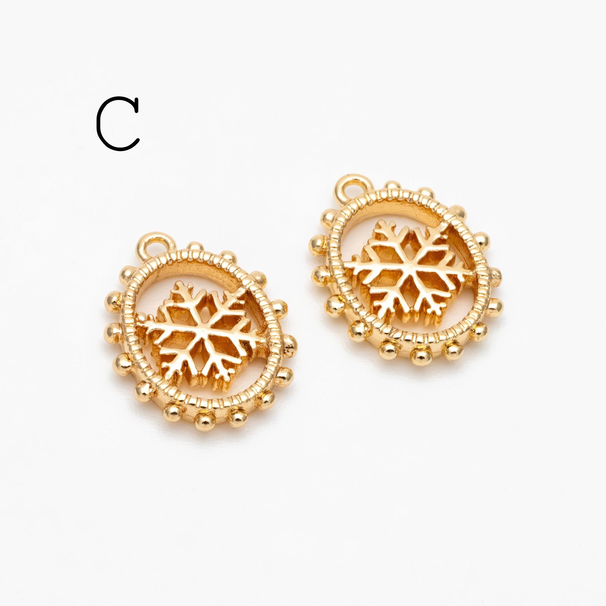 4pcs CZ Pave Snowflake Charms, Rhinestone Flower Connectors, Real Gold plated Brass Findings (GB-3486)