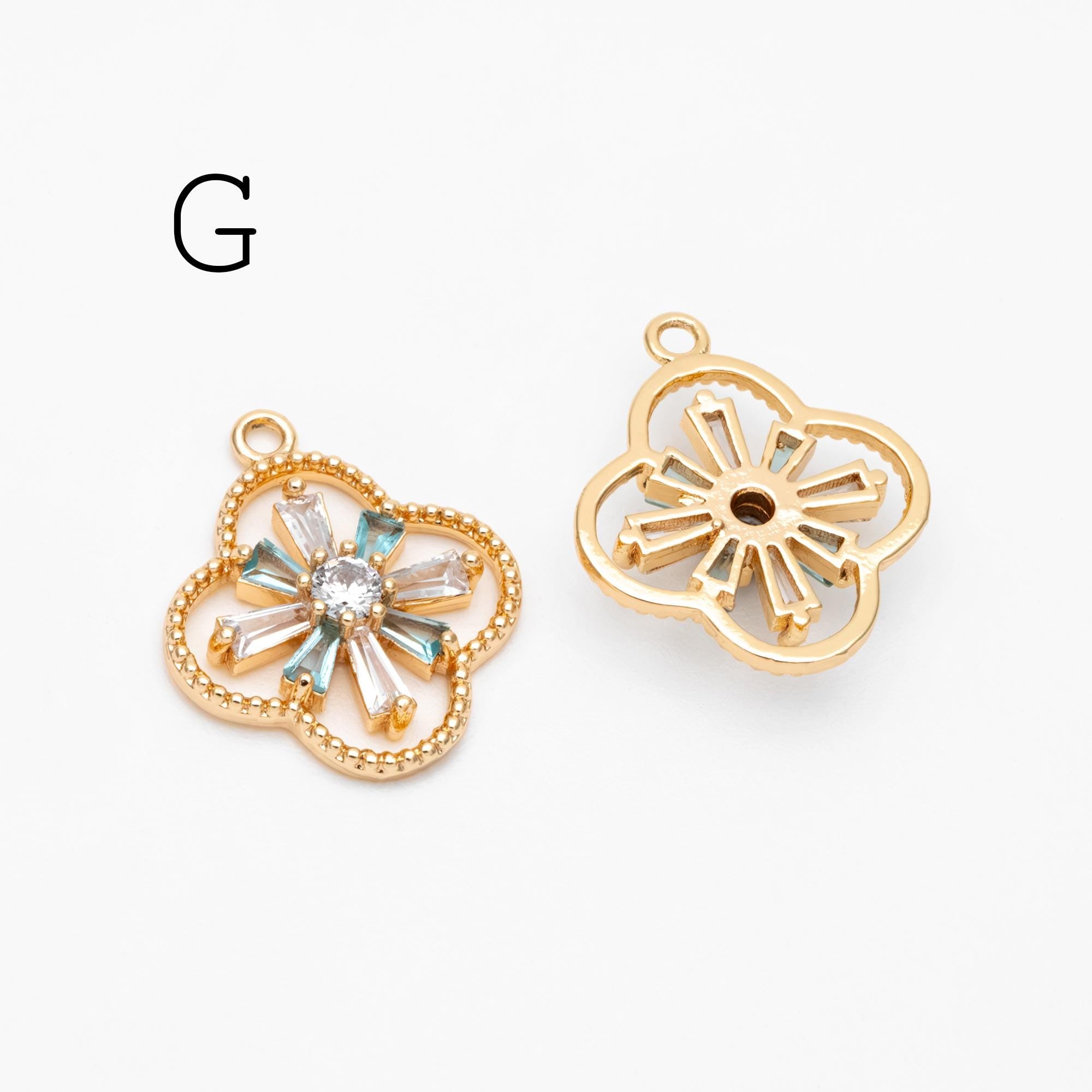 4pcs CZ Pave Snowflake Charms, Rhinestone Flower Connectors, Real Gold plated Brass Findings (GB-3486)