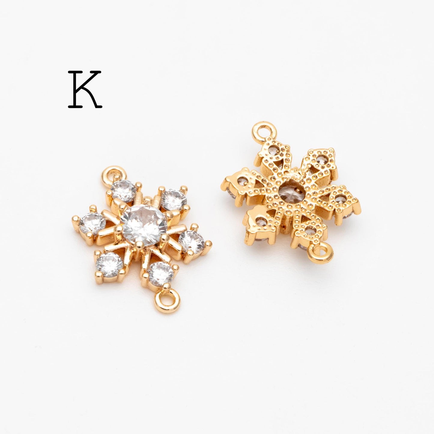 4pcs CZ Pave Snowflake Charms, Rhinestone Flower Connectors, Real Gold plated Brass Findings (GB-3486)