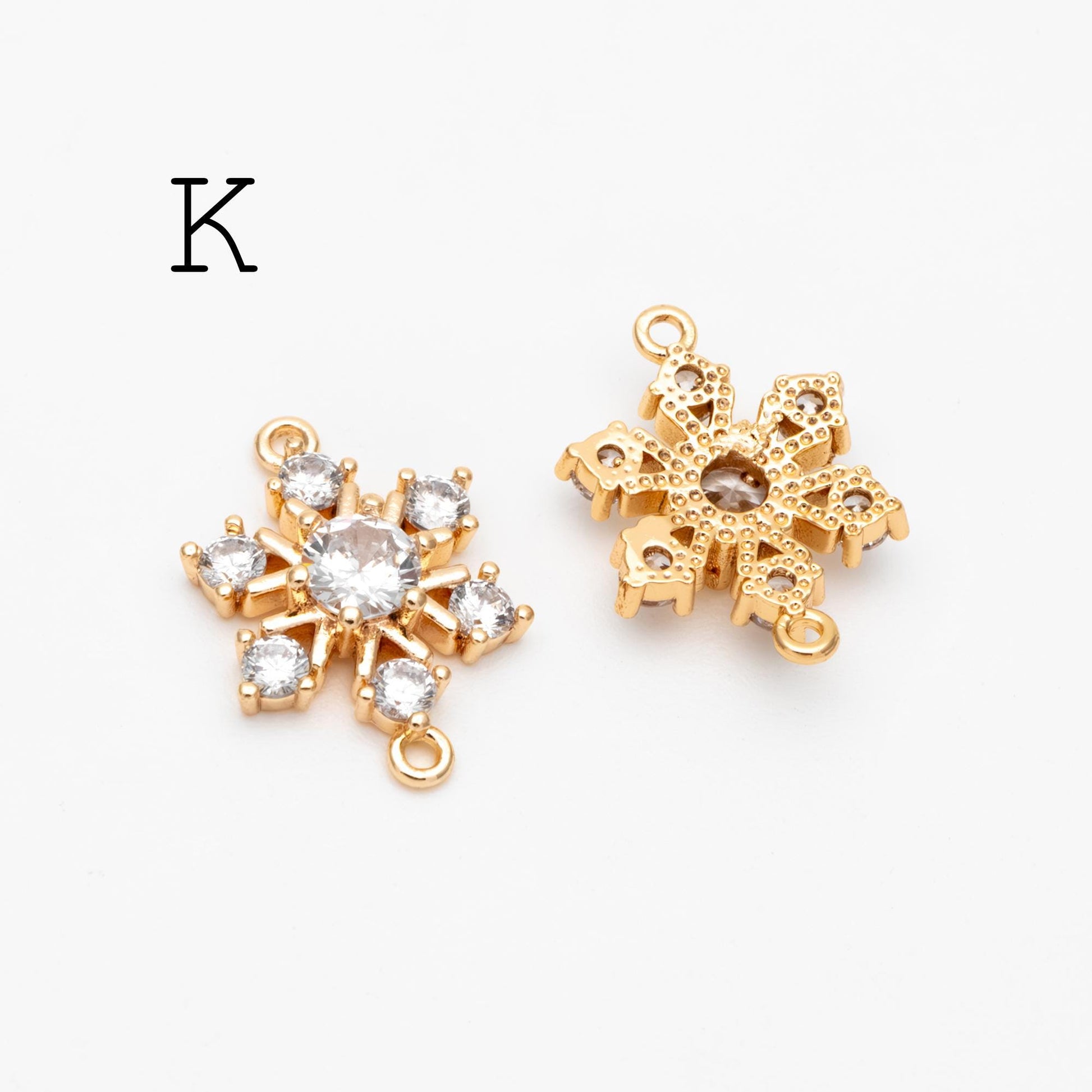 4pcs CZ Pave Snowflake Charms, Rhinestone Flower Connectors, Real Gold plated Brass Findings (GB-3486)