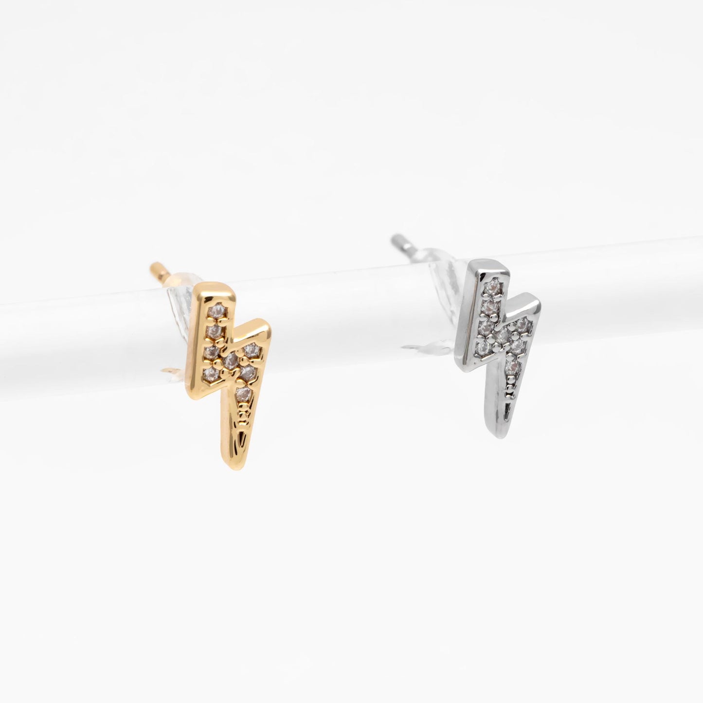 10pcs CZ pave Gold/ Silver Lightning Stud Earrings, Real Gold/ Rhodium Plated Brass, Minimalist Earrings (#GB-4690)