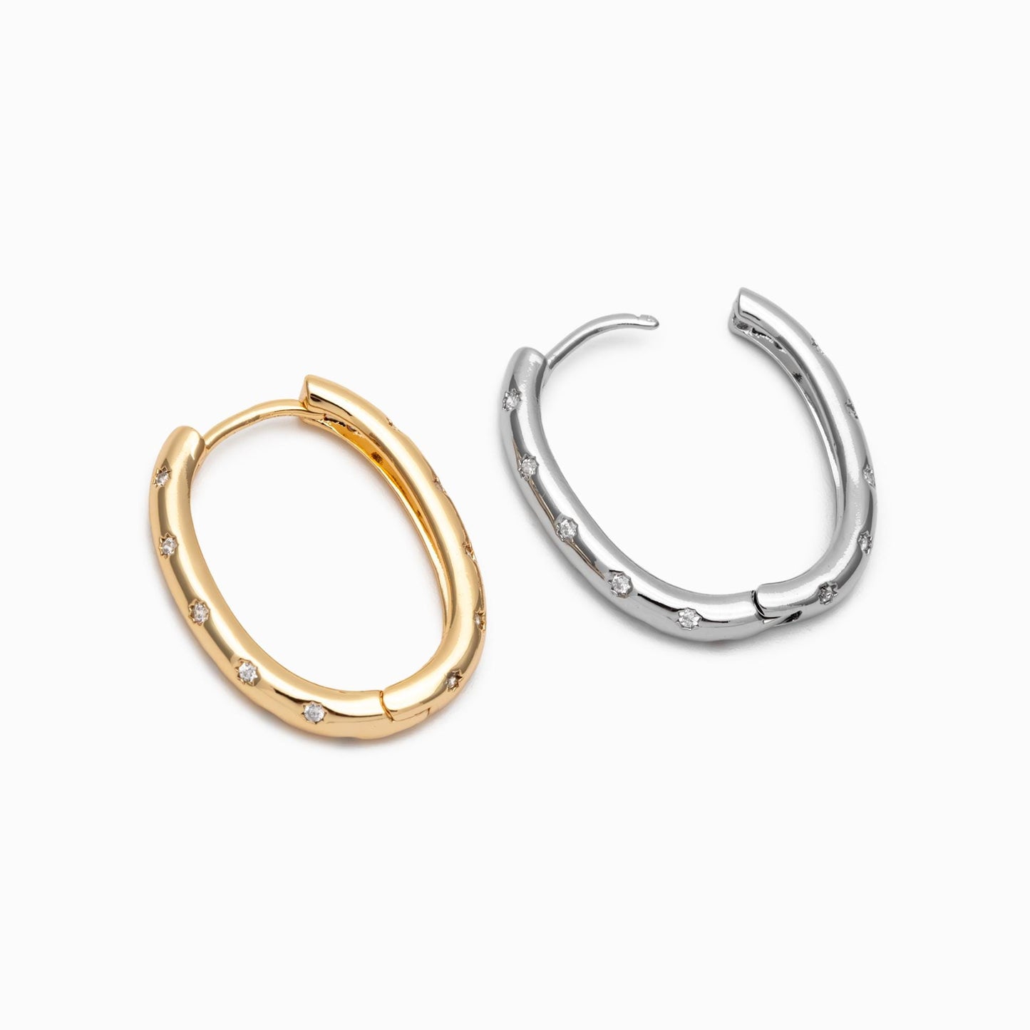 4pcs CZ Pave Gold/ Silver Oval Hoop Earrings, 18K Real Gold/ Rhodium plated Brass, Dainty Geometric Earring Hoops (GB-4692)