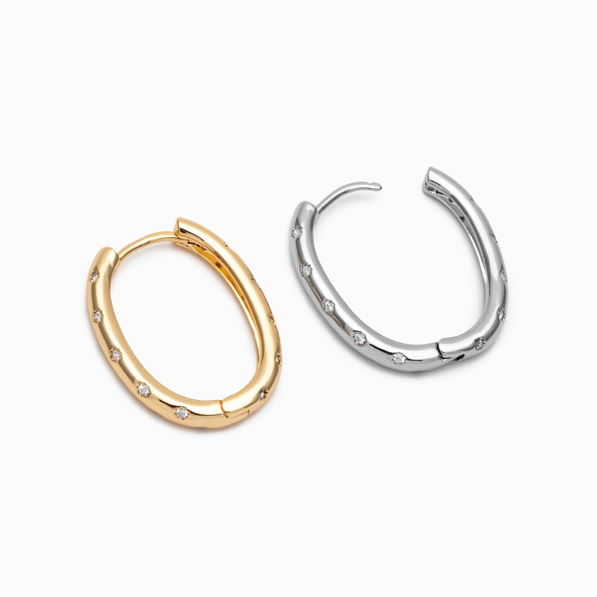 4pcs CZ Pave Gold/ Silver Oval Hoop Earrings, 18K Real Gold/ Rhodium plated Brass, Dainty Geometric Earring Hoops (GB-4692)
