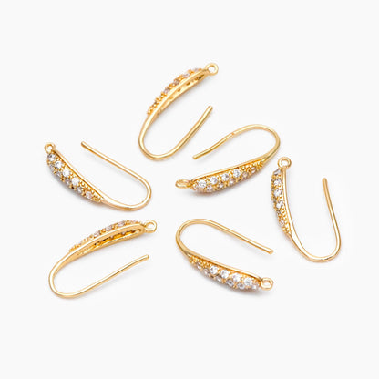 10pcs CZ Pave Gold Earring Hook with Loop, 19x9mm, 18K Gold plated Brass Earwires, Shiny Earring Components Wholesale (GB-1447)