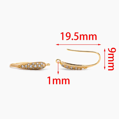 10pcs CZ Pave Gold Earring Hook with Loop, 19x9mm, 18K Gold plated Brass Earwires, Shiny Earring Components Wholesale (GB-1447)