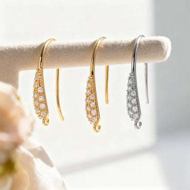 10pcs CZ Pave Gold Earring Hook with Loop, 19x9mm, 18K Gold plated Brass Earwires, Shiny Earring Components Wholesale (GB-1447)