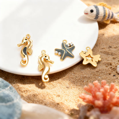 4pcs CZ Pave Enamel Seahorse and Starfish Charms, Gold plated Brass Marine Animal Charms (GB-4679)