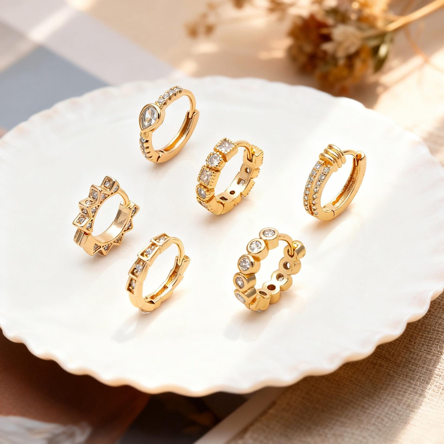 4pcs CZ Pave Gold/ Rhodium plated Hoop Earrings, Dainty Round Huggie Earrings, Minimalist Circle Earring (GB-3826)