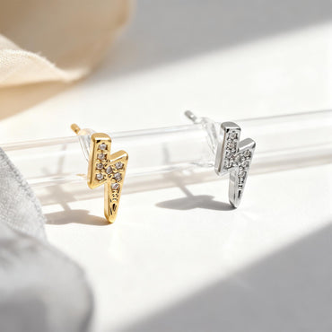 10pcs CZ pave Gold/ Silver Lightning Stud Earrings, Real Gold/ Rhodium Plated Brass, Minimalist Earrings (#GB-4690)