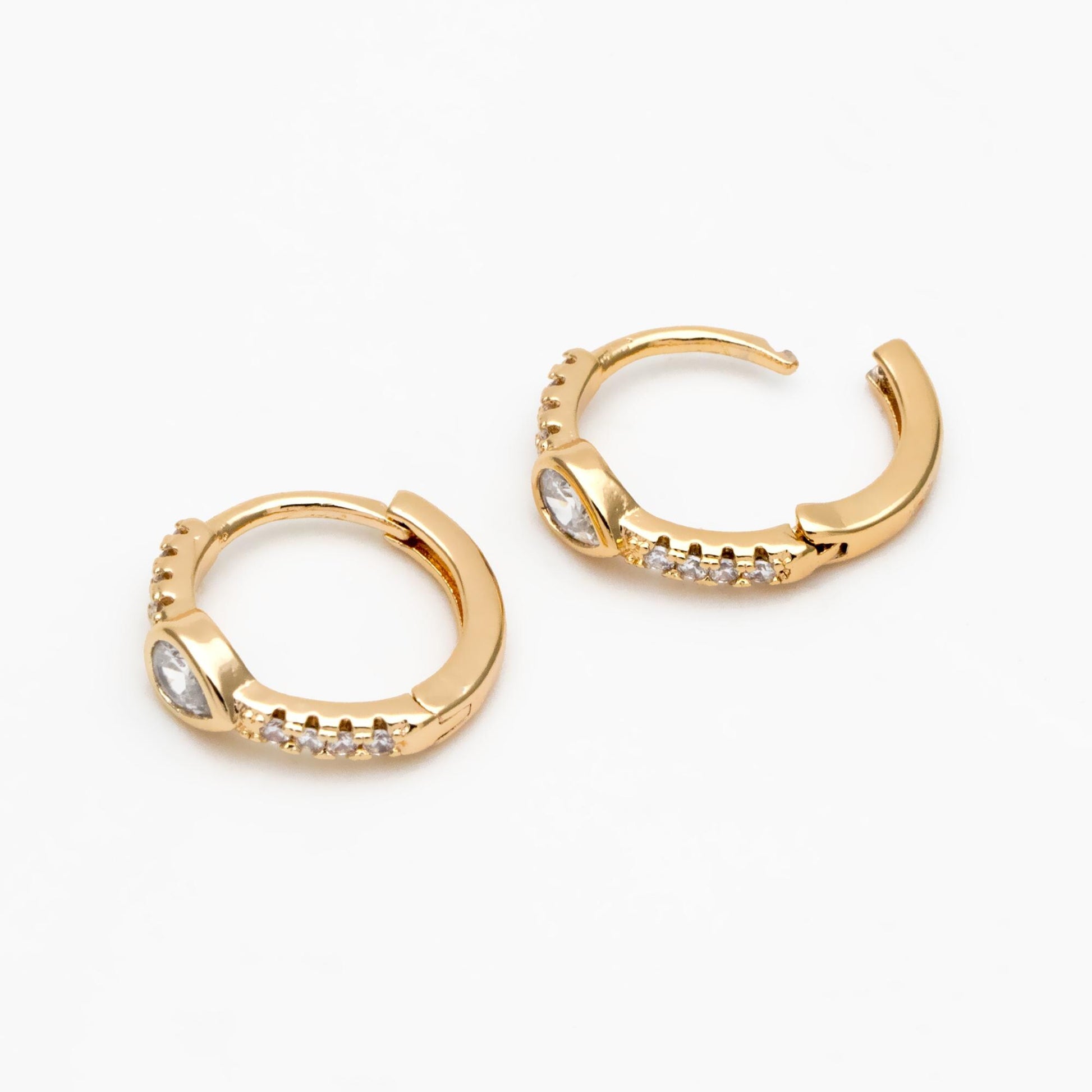 4pcs CZ Pave Teardrop Hoop Earrings, Round Leverback Ear Hooks 14mm, 18K Gold plated Brass, Earring Component Findings (GB-3826-E)