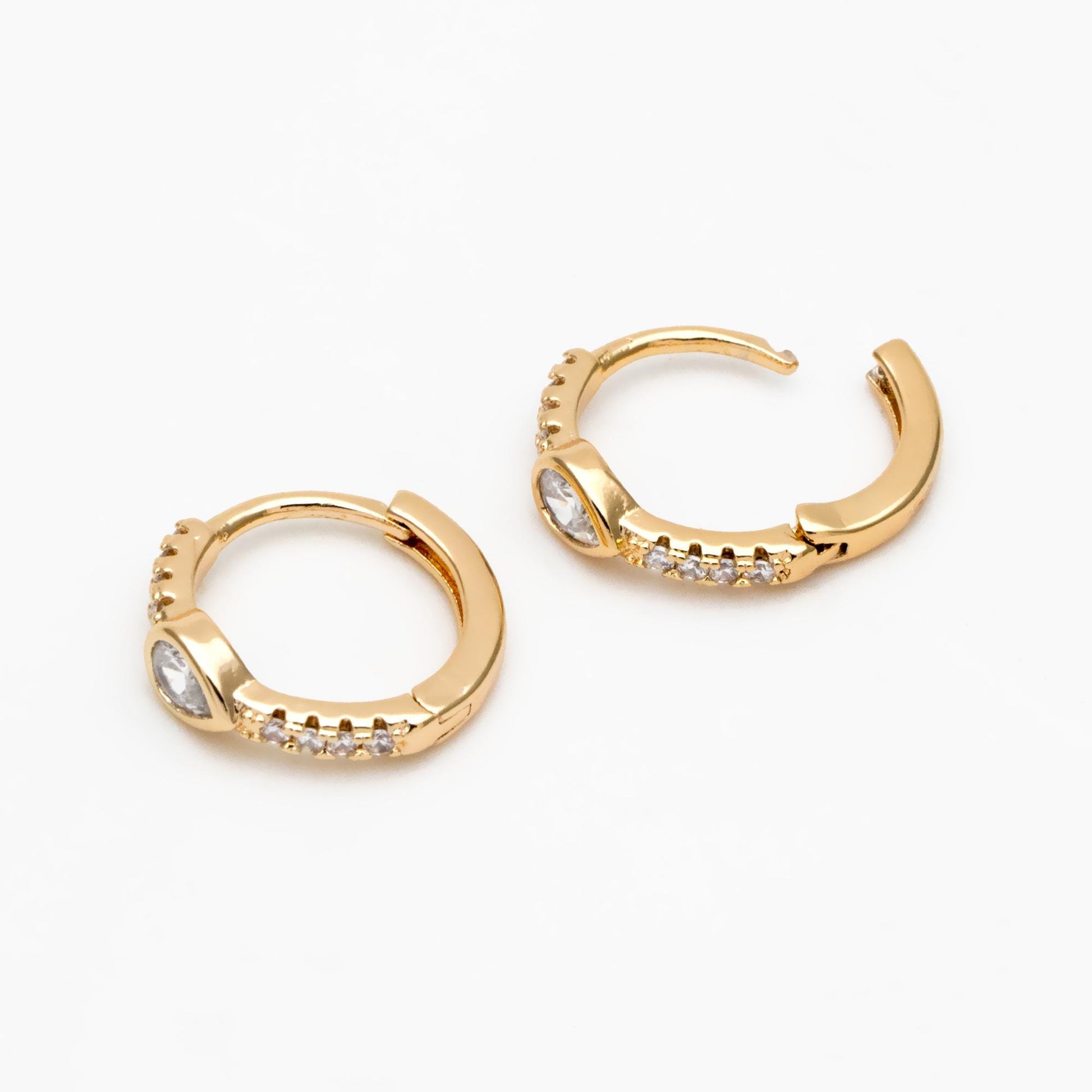 4pcs CZ Pave Teardrop Hoop Earrings, Round Leverback Ear Hooks 14mm, 18K Gold plated Brass, Earring Component Findings (GB-3826-E)