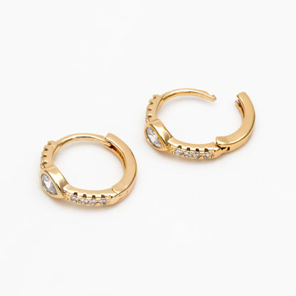 4pcs CZ Pave Teardrop Hoop Earrings, Round Leverback Ear Hooks 14mm, 18K Gold plated Brass, Earring Component Findings (GB-3826-E)
