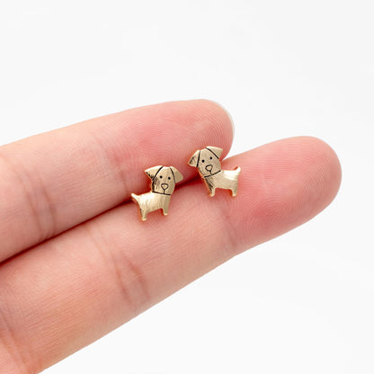 10pcs Gold Brushed Dog Earrings, Gold Plated Brass, Cute Animal Stud Earrings (GB-4595)