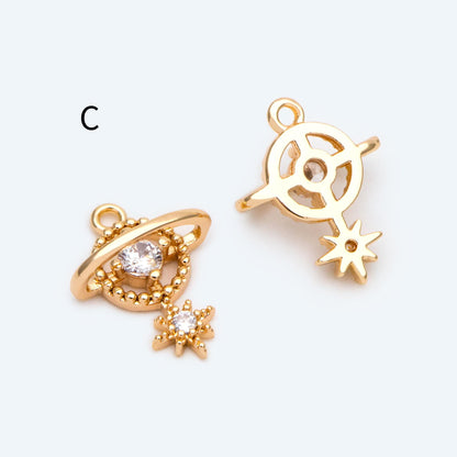 4pcs CZ pave Gold Saturn Charms , Gold plated Brass Planet Pendants, DIY Earring Necklace Components (GB-1173)