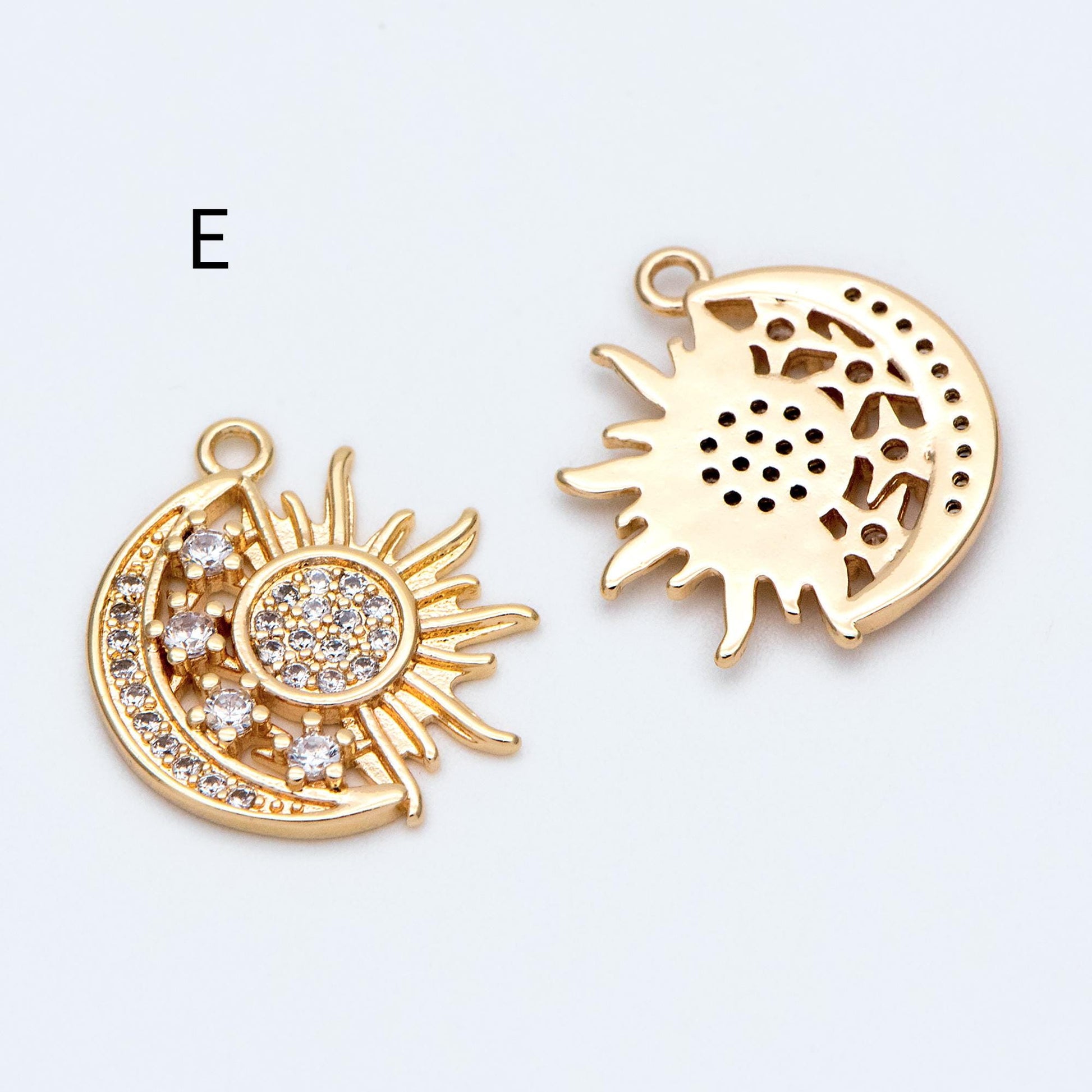 4pcs Gold Sun Moon Star Charms, 18K Gold plated Brass, CZ Pave Celetial Pendants (GB-2991)