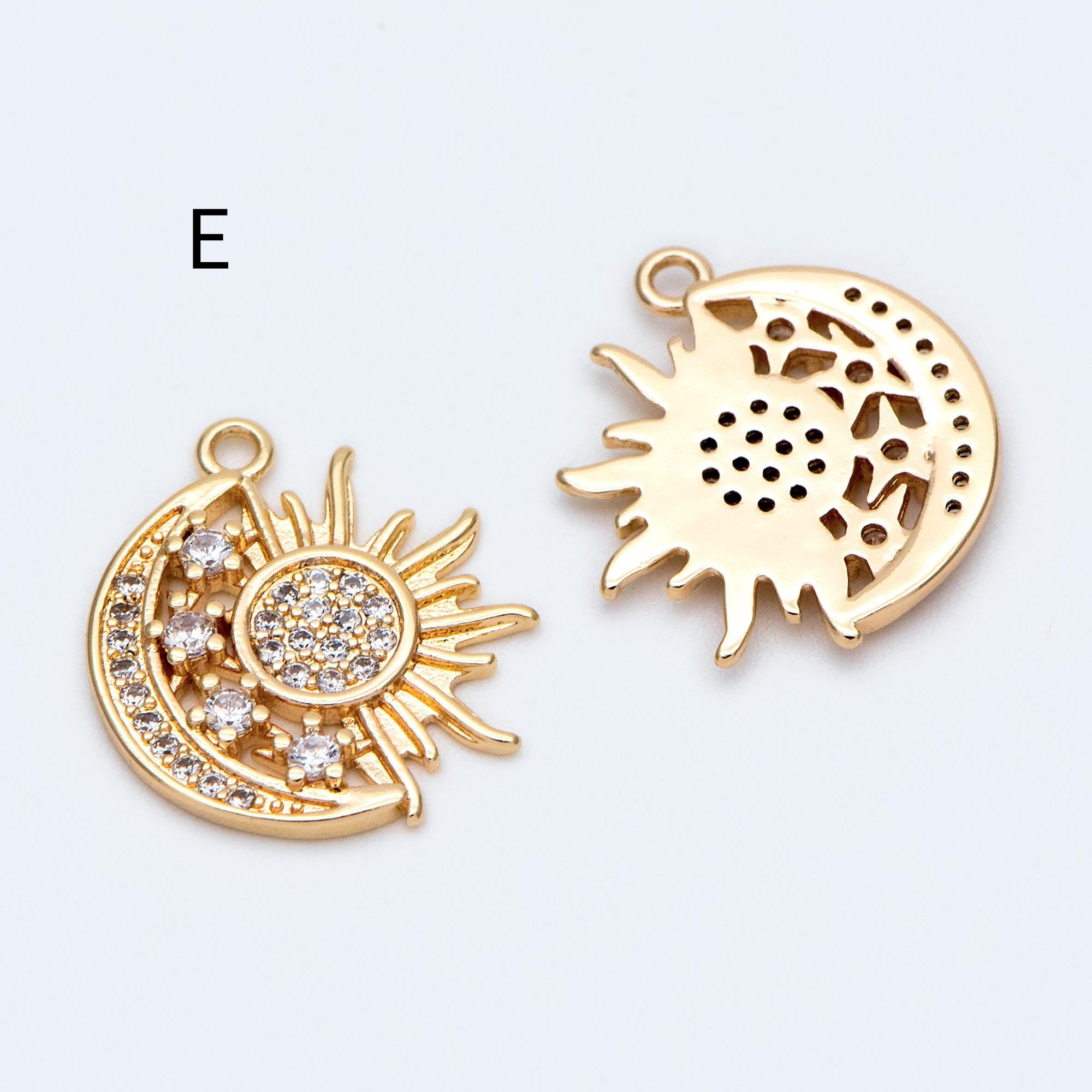 4pcs Gold Sun Moon Star Charms, 18K Gold plated Brass, CZ Pave Celetial Pendants (GB-2991)