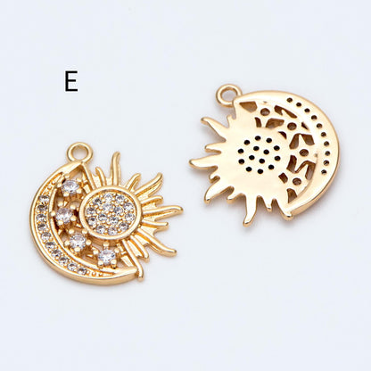 4pcs Gold Sun Moon Star Charms, 18K Gold plated Brass, CZ Pave Celetial Pendants (GB-2991)