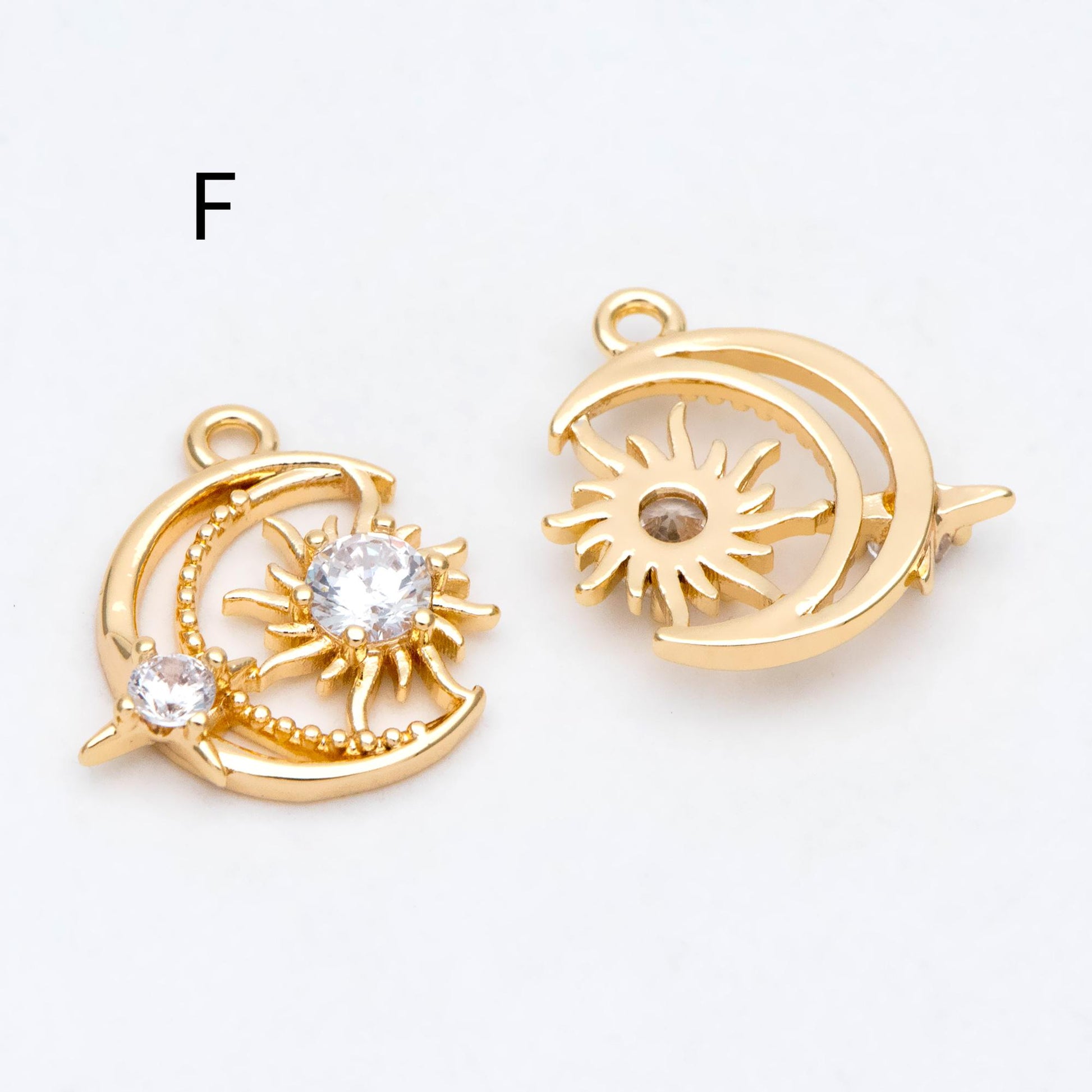 4pcs Gold Sun Moon Star Charms, 18K Gold plated Brass, CZ Pave Celetial Pendants (GB-2991)