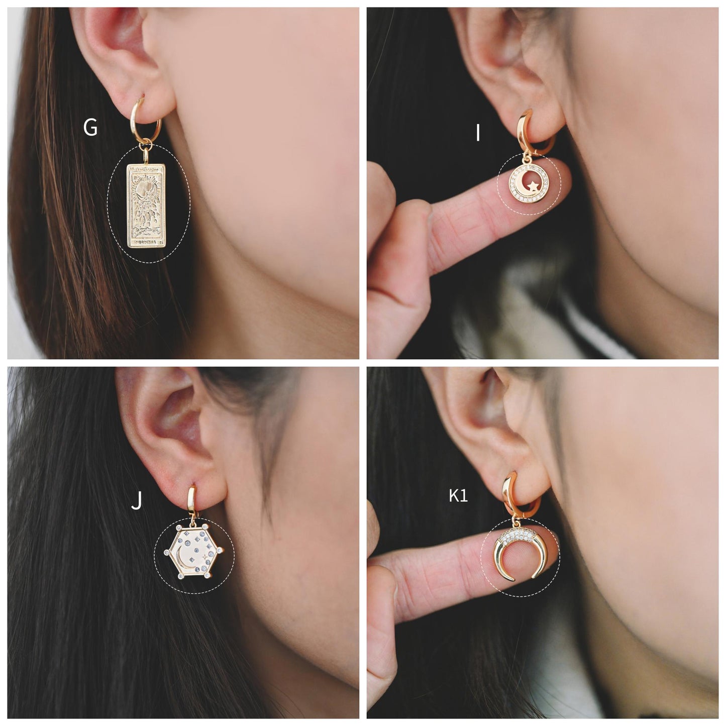 4pcs Gold/ Silver Tone Moon and Star Charm, 18K Gold/ Rhodium plated Brass, Celestial Charm Pendants (GB-2394)