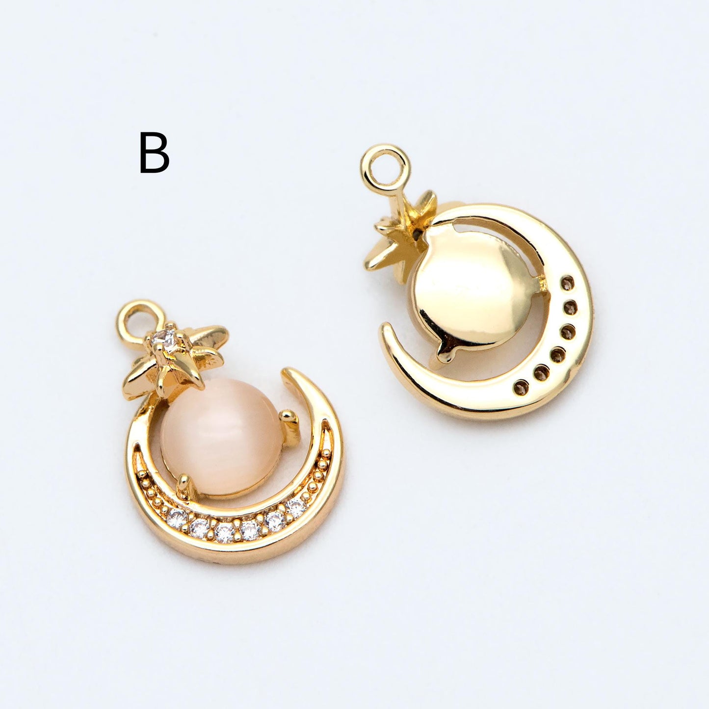 4pcs CZ pave Gold/ Silver Moon Star Charms, 18K Gold/ Rhodium plated Brass Moon Pendants (GB-2433)