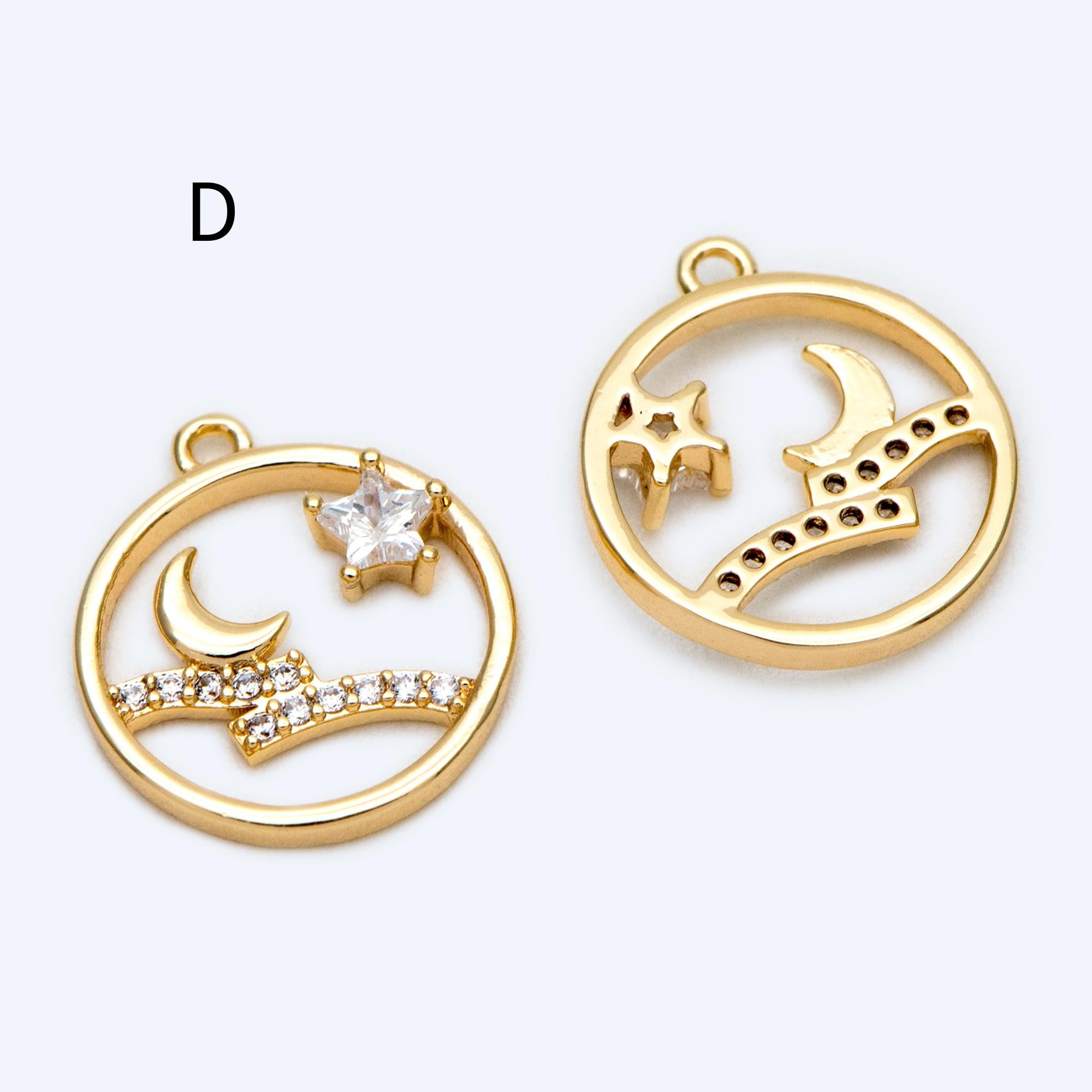 4pcs CZ pave Gold/ Silver Moon Star Charms, 18K Gold/ Rhodium plated Brass Moon Pendants (GB-2433)