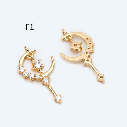 4pcs CZ pave Gold/ Silver Moon Star Charms, 18K Gold/ Rhodium plated Brass Moon Pendants (GB-2433)