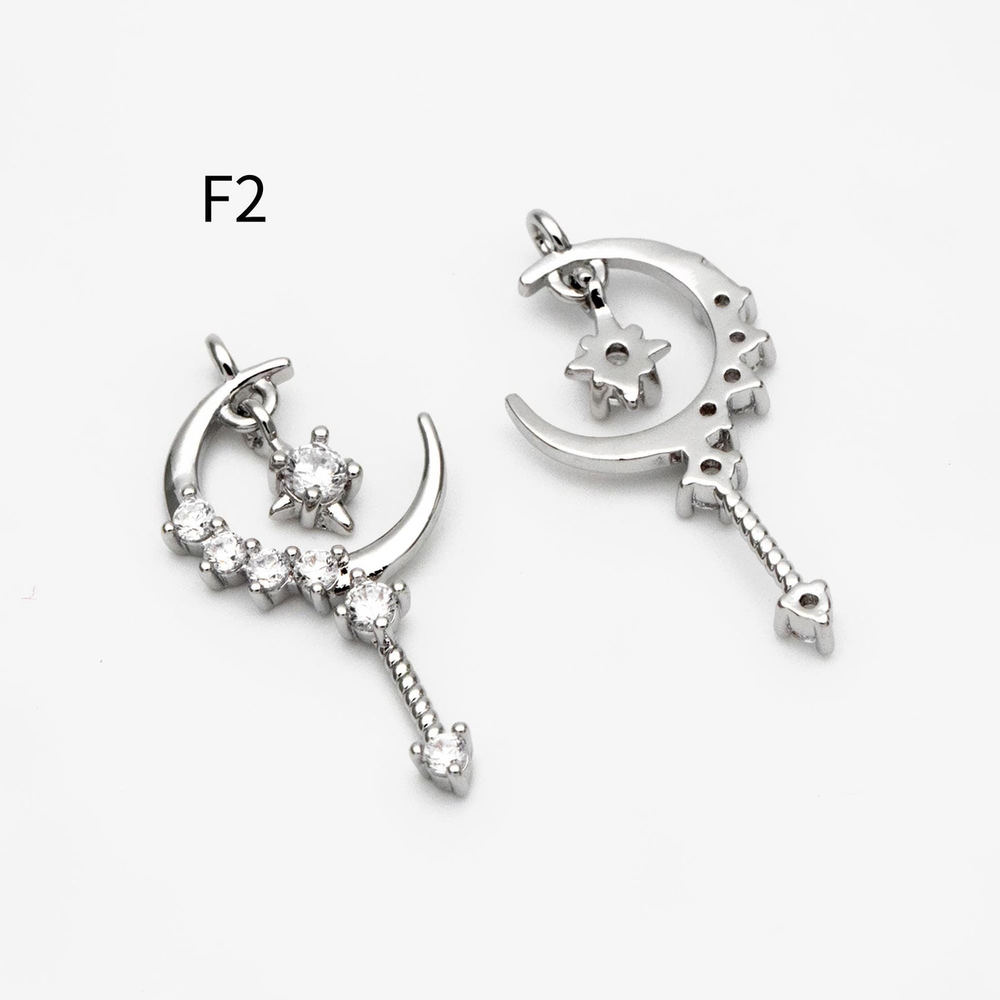 4pcs CZ pave Gold/ Silver Moon Star Charms, 18K Gold/ Rhodium plated Brass Moon Pendants (GB-2433)