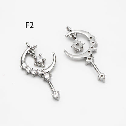 4pcs CZ pave Gold/ Silver Moon Star Charms, 18K Gold/ Rhodium plated Brass Moon Pendants (GB-2433)