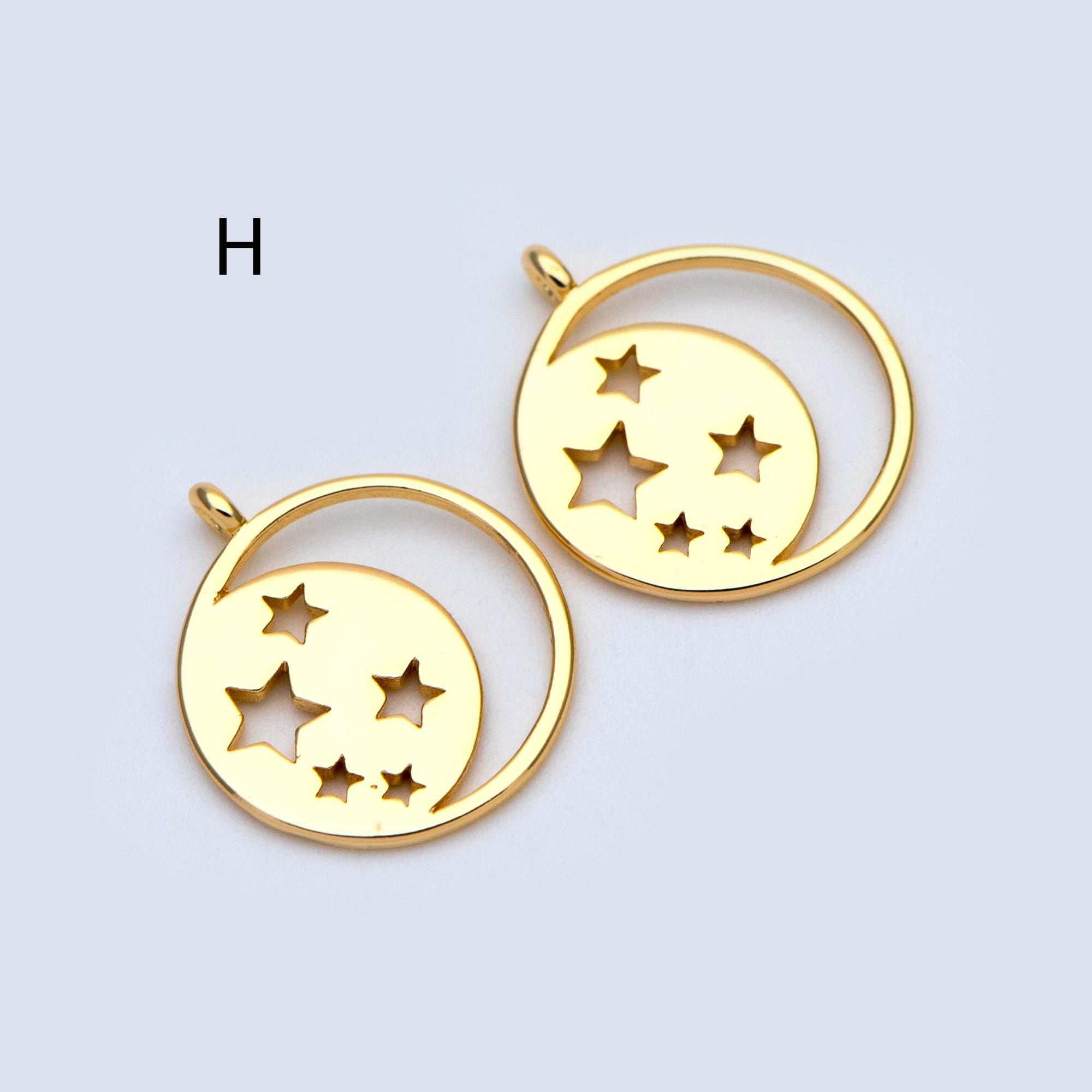 4pcs CZ pave Gold/ Silver Moon Star Charms, 18K Gold/ Rhodium plated Brass Moon Pendants (GB-2433)