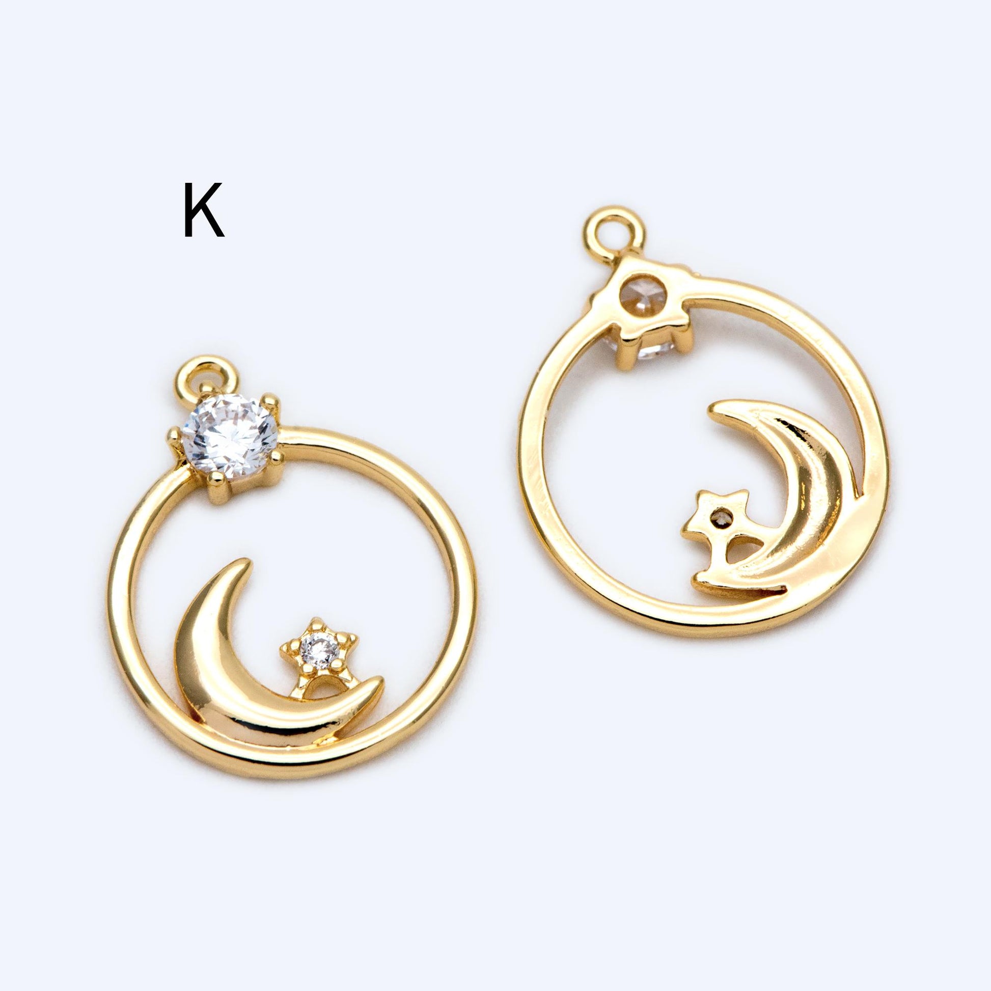 4pcs CZ pave Gold/ Silver Moon Star Charms, 18K Gold/ Rhodium plated Brass Moon Pendants (GB-2433)